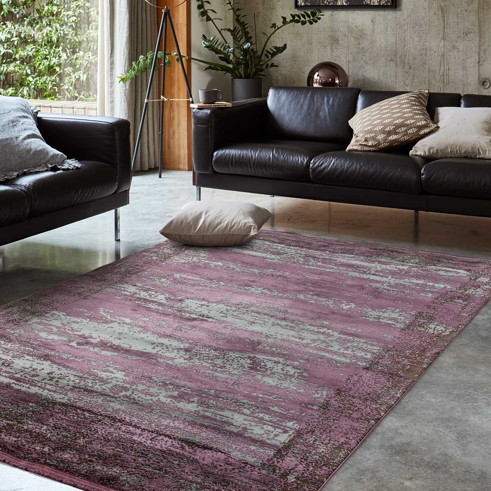 Athera Distressed Border Rugs in AT04 Bordeaux Purple